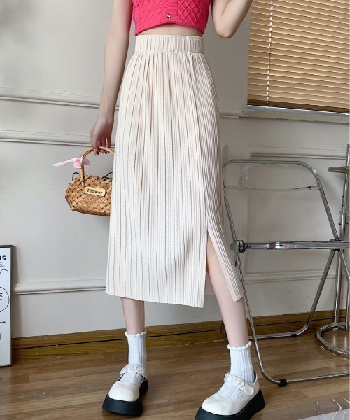 center i(センターアイ)の「脚長見えリブプリーツウエスト楽ちんミディスカート(スカート・レディース・ピンク/オフホワイト/ブラック・FREE)」の1枚目の写真