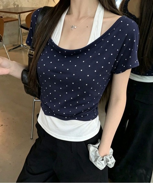 AsheKsha(アシクシャ)の「三色の水玉模様オフショルダーフェイクツーピーストップス(Tシャツ/カットソー・レディース・グリーン/イエロー/ネイビー・M)」の1枚目の写真