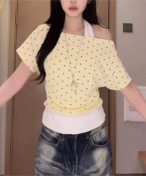 AsheKsha(アシクシャ)の「三色の水玉模様オフショルダーフェイクツーピーストップス(Tシャツ/カットソー・レディース・グリーン/イエロー/ネイビー・M)」の3枚目の写真