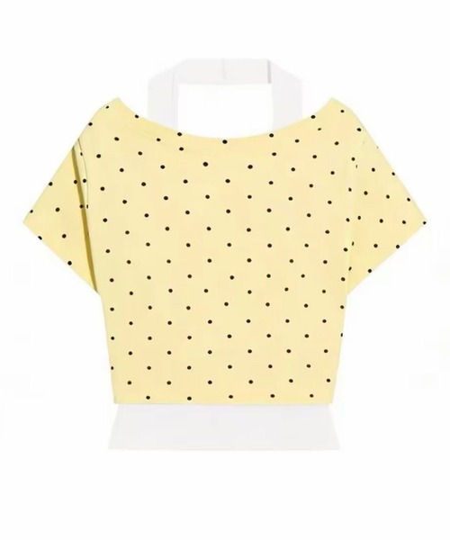 AsheKsha(アシクシャ)の「三色の水玉模様オフショルダーフェイクツーピーストップス(Tシャツ/カットソー・レディース・グリーン/イエロー/ネイビー・M)」の14枚目の写真