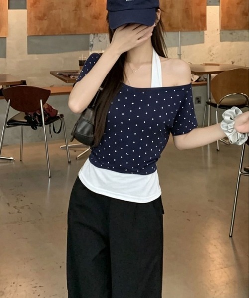 AsheKsha(アシクシャ)の「三色の水玉模様オフショルダーフェイクツーピーストップス(Tシャツ/カットソー・レディース・グリーン/イエロー/ネイビー・M)」の5枚目の写真