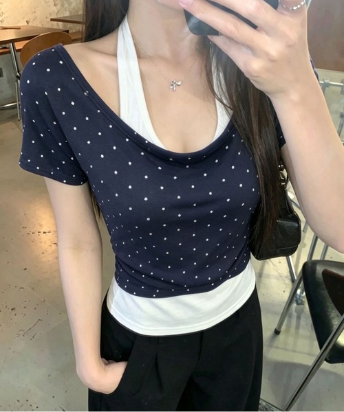 AsheKsha(アシクシャ)の「三色の水玉模様オフショルダーフェイクツーピーストップス(Tシャツ/カットソー・レディース・グリーン/イエロー/ネイビー・M)」の6枚目の写真