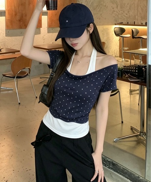 AsheKsha(アシクシャ)の「三色の水玉模様オフショルダーフェイクツーピーストップス(Tシャツ/カットソー・レディース・グリーン/イエロー/ネイビー・M)」の7枚目の写真