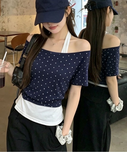 AsheKsha(アシクシャ)の「三色の水玉模様オフショルダーフェイクツーピーストップス(Tシャツ/カットソー・レディース・グリーン/イエロー/ネイビー・M)」の8枚目の写真