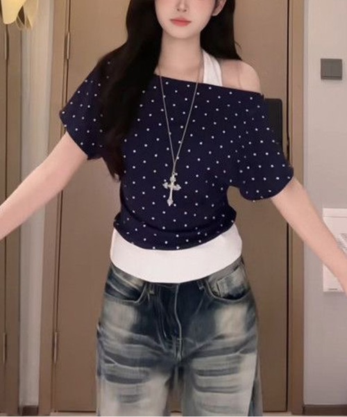 AsheKsha(アシクシャ)の「三色の水玉模様オフショルダーフェイクツーピーストップス(Tシャツ/カットソー・レディース・グリーン/イエロー/ネイビー・M)」の10枚目の写真