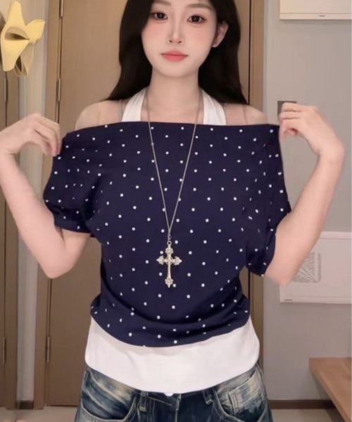 AsheKsha(アシクシャ)の「三色の水玉模様オフショルダーフェイクツーピーストップス(Tシャツ/カットソー・レディース・グリーン/イエロー/ネイビー・M)」の11枚目の写真