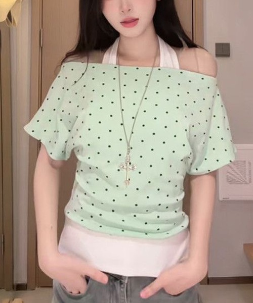 AsheKsha(アシクシャ)の「三色の水玉模様オフショルダーフェイクツーピーストップス(Tシャツ/カットソー・レディース・グリーン/イエロー/ネイビー・M)」の12枚目の写真