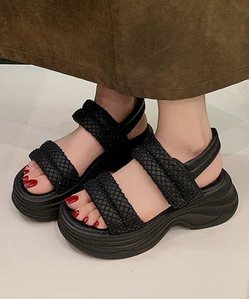 Lace Ladies(レースレディース)の「ダブルストラップ ラインストーン ボリューム 厚底 サンダル(サンダル・レディース・アイボリー/ブラック・25cm/24.5cm/24cm/23.5cm/23cm/22.5cm)」の1枚目の写真