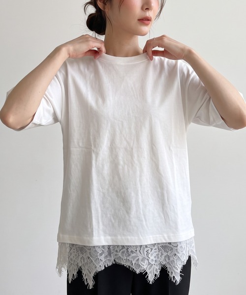 GIVERNY（ジヴェルニー）の「裾レースで大人可愛く♪格上げデザインTシャツ（Tシャツ/カットソー・レディース・ブラック/ホワイト/ベージュ・FREE）」の18枚目の写真