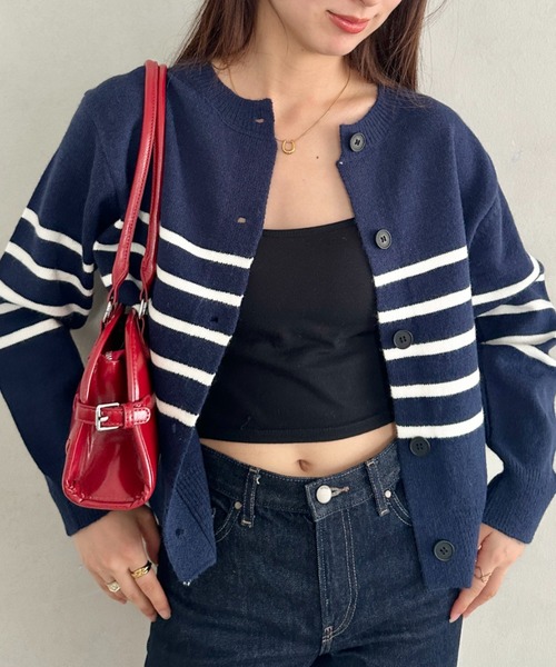 MYMOOD.(マイムード)の「前ボタンショートニットボーダーカーディガン(ニット/セーター・レディース・ブラック/ネイビー/オフホワイト・FREE)」の1枚目の写真