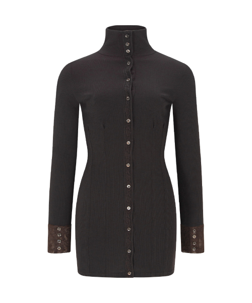 PLEASENOFOLLOW(プリーズノーフォロー)の「Karin High-neck Lace Pintuck Dresses (Brown)(ワンピース・レディース・その他・FREE)」の2枚目の写真