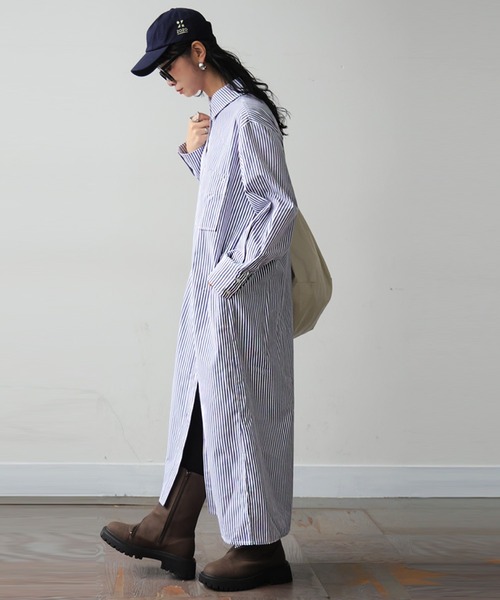 antiqua(アンティカ)の「ストライプ マキシ丈 シャツワンピース(シャツワンピース・レディース・グレー系その他/グレー系その他2・M/MT)」の7枚目の写真
