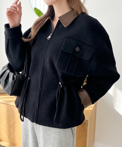 Eclat one(エクラワン)の「【メリハリ見え/高見え感】衿レザーで魅せる。ドロスト付きレザー切替えジップブルゾン(ブルゾン・レディース・ブラック/ホワイト/ブラウン・FREE)」の2枚目の写真