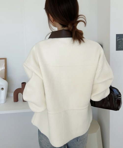 Eclat one(エクラワン)の「【メリハリ見え/高見え感】衿レザーで魅せる。ドロスト付きレザー切替えジップブルゾン(ブルゾン・レディース・ブラック/ホワイト/ブラウン・FREE)」の7枚目の写真