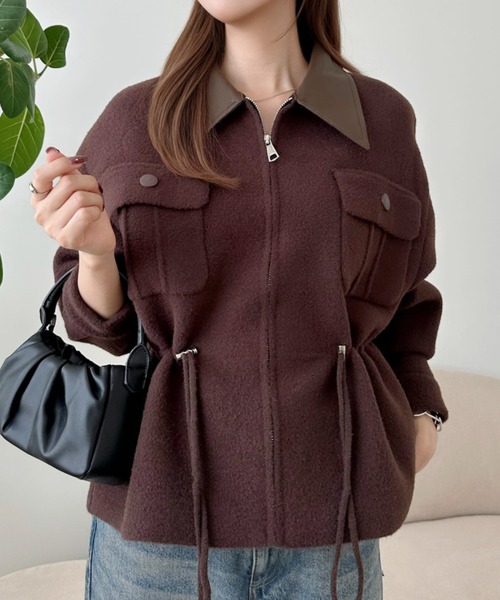 Eclat one(エクラワン)の「【メリハリ見え/高見え感】衿レザーで魅せる。ドロスト付きレザー切替えジップブルゾン(ブルゾン・レディース・ブラック/ホワイト/ブラウン・FREE)」の11枚目の写真
