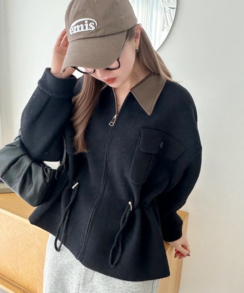 Eclat one(エクラワン)の「【メリハリ見え/高見え感】衿レザーで魅せる。ドロスト付きレザー切替えジップブルゾン(ブルゾン・レディース・ブラック/ホワイト/ブラウン・FREE)」の17枚目の写真