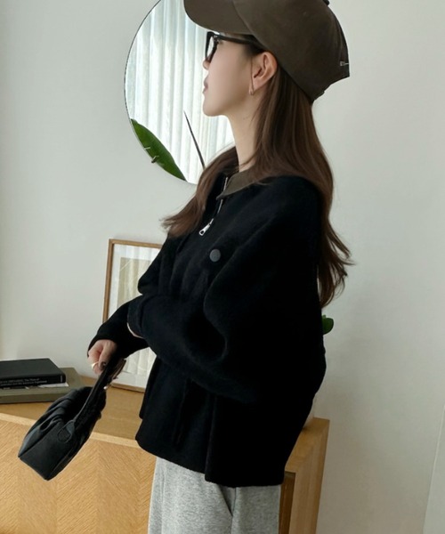 Eclat one(エクラワン)の「【メリハリ見え/高見え感】衿レザーで魅せる。ドロスト付きレザー切替えジップブルゾン(ブルゾン・レディース・ブラック/ホワイト/ブラウン・FREE)」の20枚目の写真