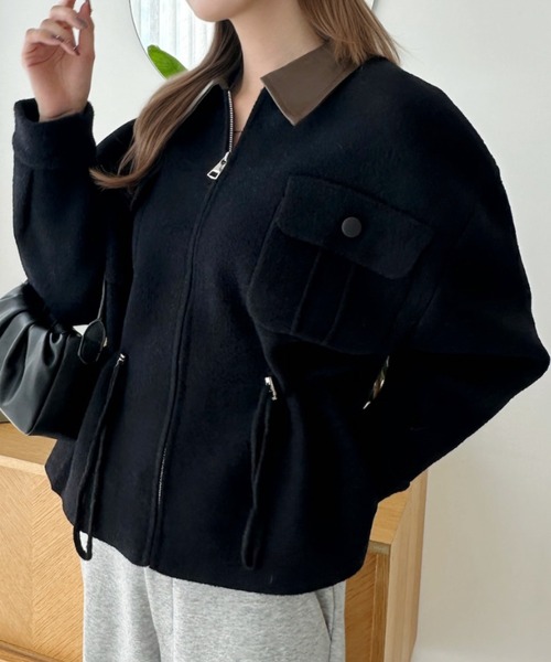 Eclat one(エクラワン)の「【メリハリ見え/高見え感】衿レザーで魅せる。ドロスト付きレザー切替えジップブルゾン(ブルゾン・レディース・ブラック/ホワイト/ブラウン・FREE)」の22枚目の写真