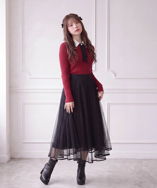 ASTORIA ODIER（アストリアオディール）の「裾パイピングチュールスカート（スカート・レディース・アイボリー/ライトグレー/ブラック・MEDIUM）」の2枚目の写真