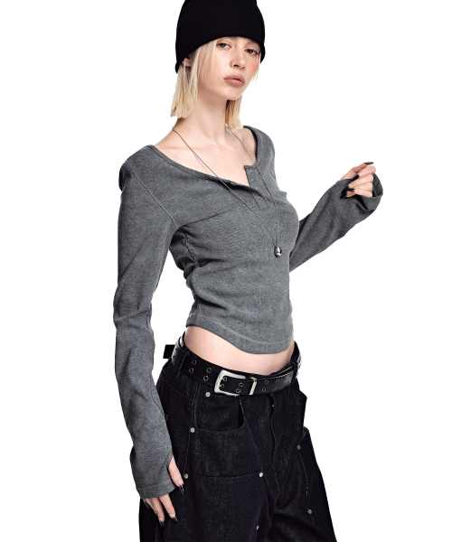 SECONDMONO（セカンドモノローグ）の「スリムフィット ピグメント スクープヘンリートップ [GRAY]_SEWTS041GRAY（Tシャツ/カットソー・レディース・その他・F）」の2枚目の写真