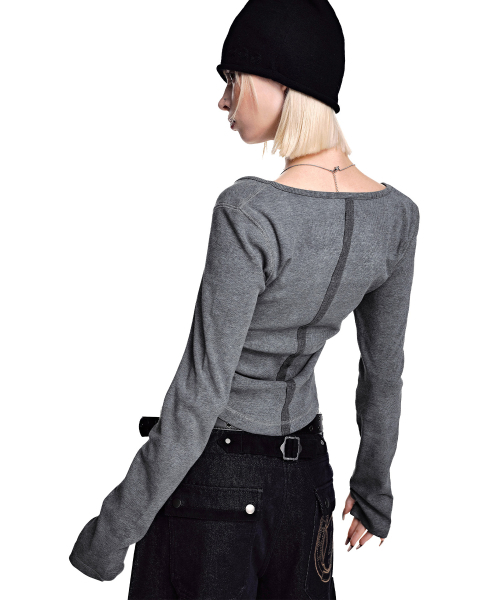 SECONDMONO（セカンドモノローグ）の「スリムフィット ピグメント スクープヘンリートップ [GRAY]_SEWTS041GRAY（Tシャツ/カットソー・レディース・その他・F）」の3枚目の写真