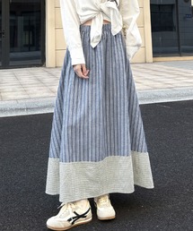 ストライプ柄 チェック切替 ロングスカート フレアスカート ウエストゴム