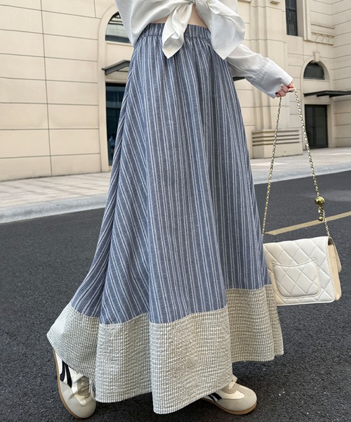 2ly2(トゥーリートゥー)の「ストライプ柄 チェック切替 ロングスカート フレアスカート ウエストゴム(スカート・レディース・ブラック/ブルー・FREE)」の8枚目の写真