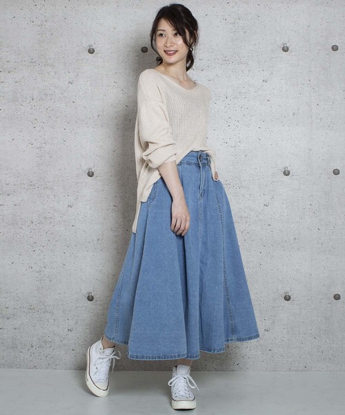 Jewelobe（ジュエローブ）の「シア―Vネック片畦編みトップス（ニット/セーター・レディース・ベージュ/パープル/ネイビー/ブラウン/ピンク/グリーン・FREE）」の7枚目の写真