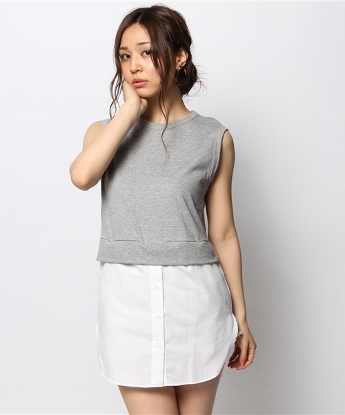 FREE'S SHOP(フリーズショップ)の「シャツ付きミニ裏毛(ワンピース・レディース・ホワイト/グレー・FREE)」の2枚目の写真