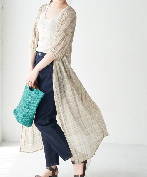 ROPE' PICNIC(ロペピクニック)の「【WEB限定】チェックボリュームシャツワンピース(シャツワンピース)」|ベージュ