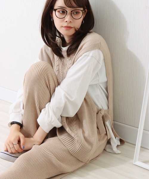 libelle more（リベル モア）の「ケーブル柄ニットベスト+リブパンツ/セットアップ（ニット/セーター・レディース・グリーン/ブラック/ライトベージュ・L/M）」の2枚目の写真