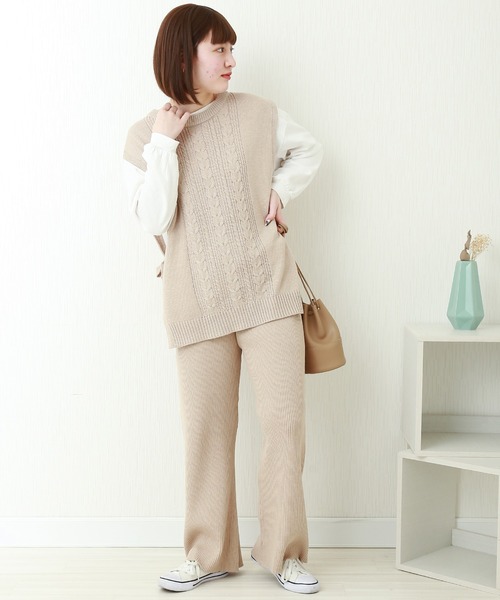 libelle more（リベル モア）の「ケーブル柄ニットベスト+リブパンツ/セットアップ（ニット/セーター・レディース・グリーン/ブラック/ライトベージュ・L/M）」の16枚目の写真