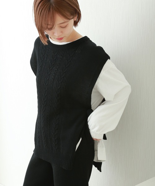 libelle more（リベル モア）の「ケーブル柄ニットベスト+リブパンツ/セットアップ（ニット/セーター・レディース・グリーン/ブラック/ライトベージュ・L/M）」の10枚目の写真