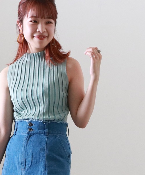 Cheek（チーク）の「配色ノースリリブニット（タンクトップ・レディース・サックスブルー/ブラウン/グレイッシュベージュ・MEDIUM）」の3枚目の写真