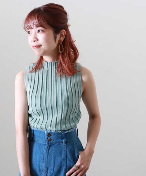 Cheek（チーク）の「配色ノースリリブニット（タンクトップ・レディース・サックスブルー/ブラウン/グレイッシュベージュ・MEDIUM）」の12枚目の写真