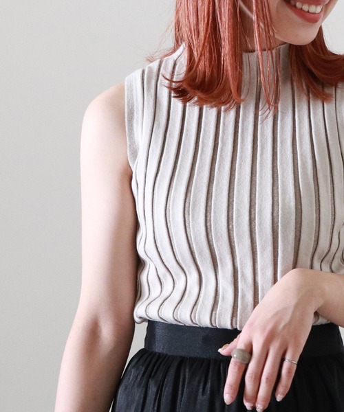 Cheek（チーク）の「配色ノースリリブニット（タンクトップ・レディース・サックスブルー/ブラウン/グレイッシュベージュ・MEDIUM）」の9枚目の写真