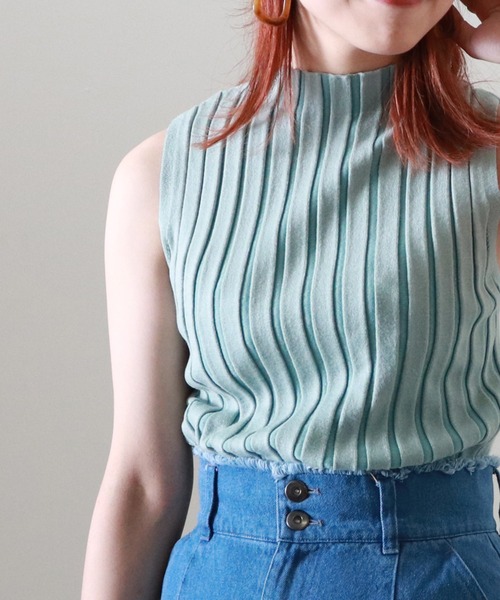 Cheek（チーク）の「配色ノースリリブニット（タンクトップ・レディース・サックスブルー/ブラウン/グレイッシュベージュ・MEDIUM）」の13枚目の写真