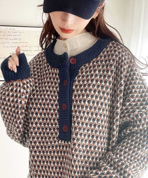 classicalelf（クラシカルエルフ）の「大人レトロが気分。冬に大活躍!2wayジャガード柄 オーバーサイズ ニット（ニット/セーター・レディース・ブラック/ネイビー/グレー/グリーン・MEDIUM/LARGE/X-LARGE/SMALL）」の15枚目の写真