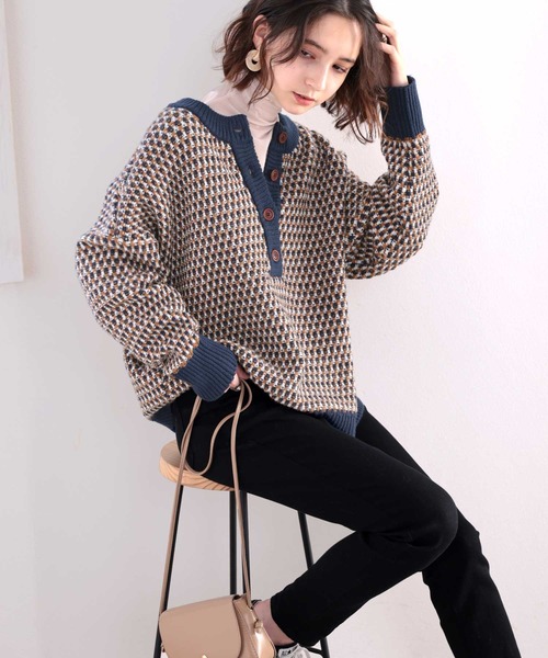 classicalelf（クラシカルエルフ）の「大人レトロが気分。冬に大活躍!2wayジャガード柄 オーバーサイズ ニット（ニット/セーター・レディース・ブラック/ネイビー/グレー/グリーン・MEDIUM/LARGE/X-LARGE/SMALL）」の7枚目の写真