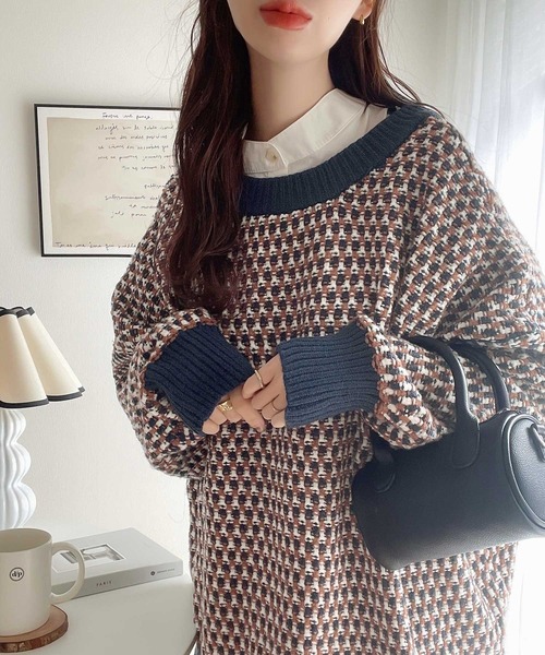 classicalelf（クラシカルエルフ）の「大人レトロが気分。冬に大活躍!2wayジャガード柄 オーバーサイズ ニット（ニット/セーター・レディース・ブラック/ネイビー/グレー/グリーン・MEDIUM/LARGE/X-LARGE/SMALL）」の8枚目の写真