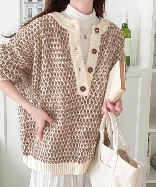 classicalelf（クラシカルエルフ）の「大人レトロが気分。冬に大活躍!2wayジャガード柄 オーバーサイズ ニット（ニット/セーター・レディース・ブラック/ネイビー/グレー/グリーン・MEDIUM/LARGE/X-LARGE/SMALL）」の12枚目の写真