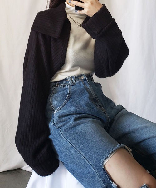 me+em select（ミームセレクト）の「【3WAY】襟ショートドルマンカーディガン【韓国製】（カーディガン/ボレロ・レディース・ブラック/ベージュ/グレー/アイボリー/チャコール・FREE）」の7枚目の写真