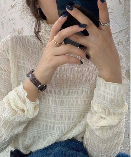 HARLEM ROUNGE(ハーレムラウンジ)の「ジャガードシャーリングシアートップス(Tシャツ/カットソー・レディース・ホワイト/ブラック/クリーム・FREE)」の3枚目の写真