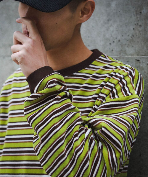 BEAMS（ビームス）の「BEAMS / ベロア ボーダー イージー Tシャツ（Tシャツ/カットソー・メンズ・ライム/ブラック/ブラウン・S/XL/L/M）」の10枚目の写真