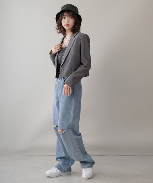 SPINNS（スピンズ）の「【セットアップ対応商品】ショート丈 テーラードジャケット（テーラードジャケット・レディース・ホワイト/ブラック/チャコール・ONESIZE）」の8枚目の写真