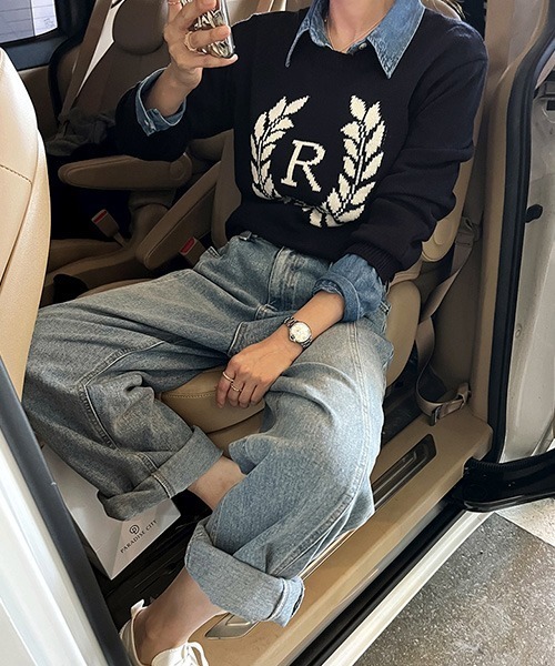 NANING9(ナンニング)の「NANING9 フロントロゴラウンドニット(ニット/セーター・レディース・ネイビー/クリーム・FREE)」の15枚目の写真