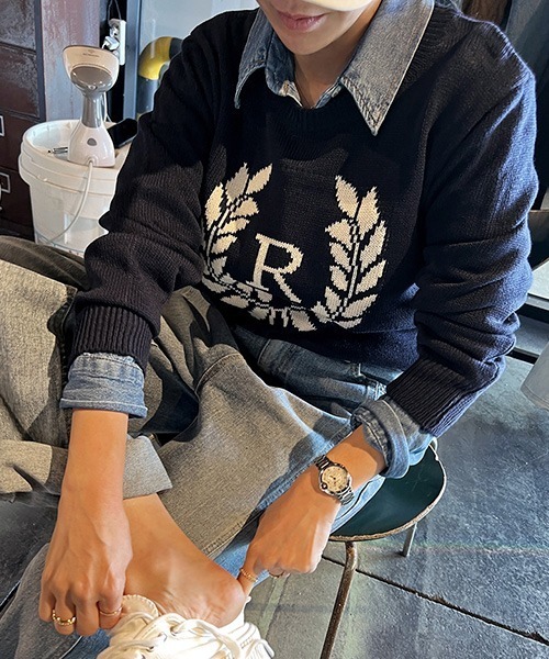 NANING9(ナンニング)の「NANING9 フロントロゴラウンドニット(ニット/セーター・レディース・ネイビー/クリーム・FREE)」の17枚目の写真