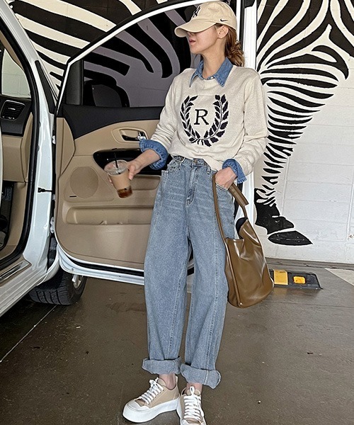 NANING9(ナンニング)の「NANING9 フロントロゴラウンドニット(ニット/セーター・レディース・ネイビー/クリーム・FREE)」の4枚目の写真