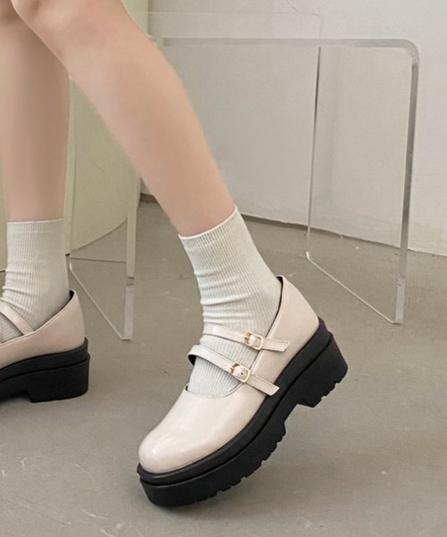 【美品】AKAIISHI 23.5ブラック ストラップメリージェーン　フォーマル パテント クロスオーバーストラップブロックヒールメリー