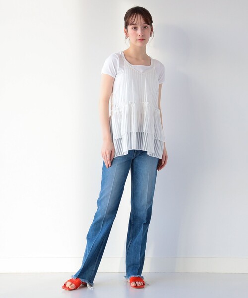 Ray BEAMS（レイビームス）の「Ray BEAMS / ストライプ メッシュ ギャザー キャミソール（キャミソール・レディース・ホワイト/ブラック・ONE SIZE）」の5枚目の写真